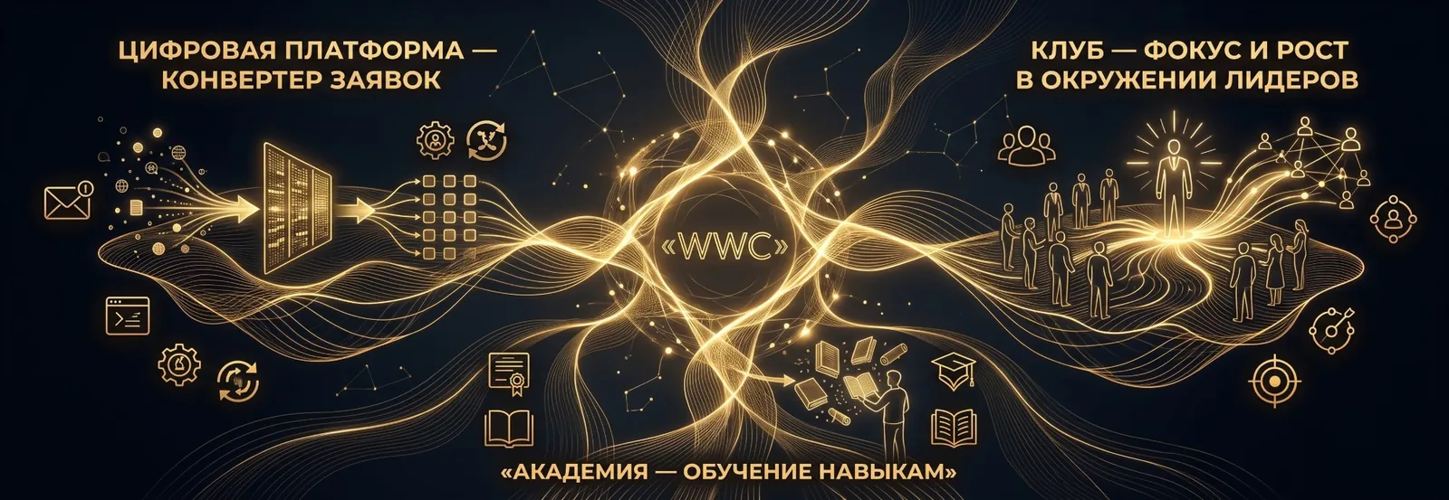 Экосистема WWC: цифровая платформа — конвертер заявок, академия — обучение навыкам, клуб — фокус и рост в окружении лидеров